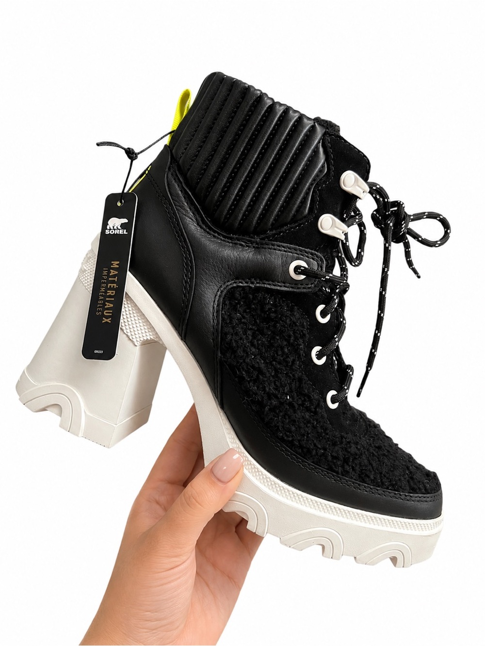 Sorel BREX Heel Cozy Lace Womens Size 7 Black Sea Salt Waterproof Boots NEW
